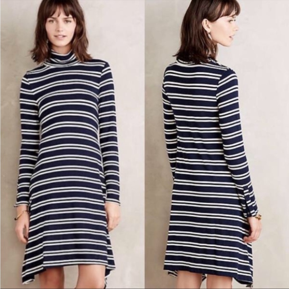 Anthropologie Maeve Navy & White Striped Turtleneck Long Sleeve Swing Dress XL